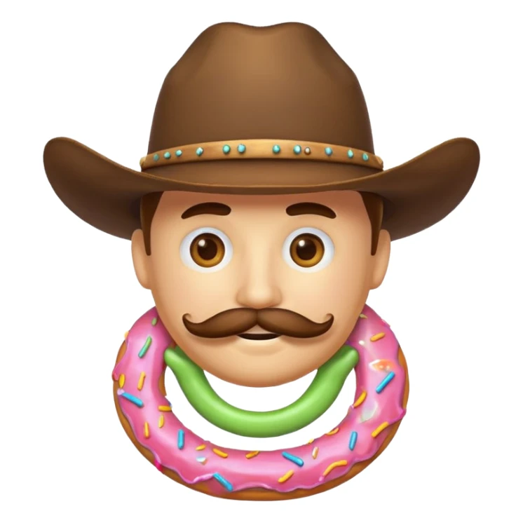 donut with a cowboy hat and mustache smiling, fun emoji style sticker