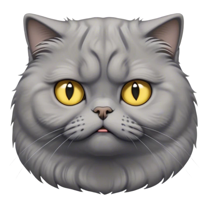 Cinematic Comical Grey Scottish Fold Cat Portrait Emoji, Adorable folded ears accentuating its round face, head tilted with a scrunched, grumpy expression, sleek soft grey fur with subtle blue undertones, large, striking yellow eyes, Simplified yet sharp features, highly detailed, glowing with a slightly sarcastic glow, high shine, poised but with a comically displeased demeanor, stylized with an air of playful disdain, focused yet unimpressed, soft glowing outline, capturing the essence of a grumpy yet endearing kitty with the classic Scottish Fold charm, so lifelike it feels like it could give you an exaggerated sigh and a disapproving stare at any moment! sticker