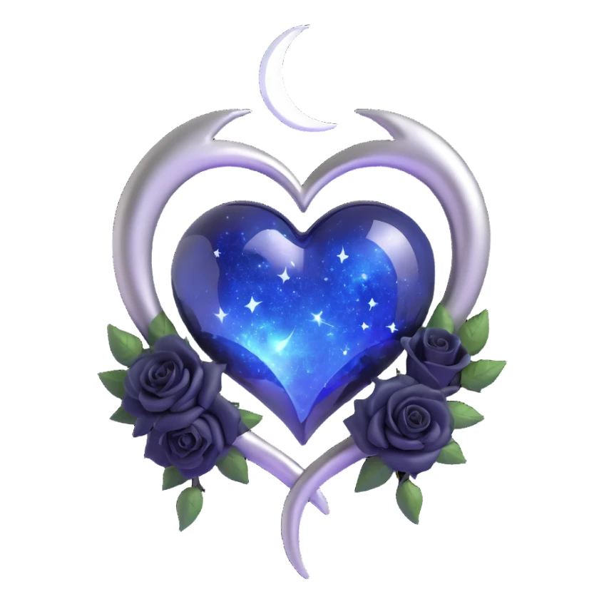 gothic heart, midnight blue glass, silver crescent moon, tiny black roses, shimmering stardust, lightning bolt effect sticker