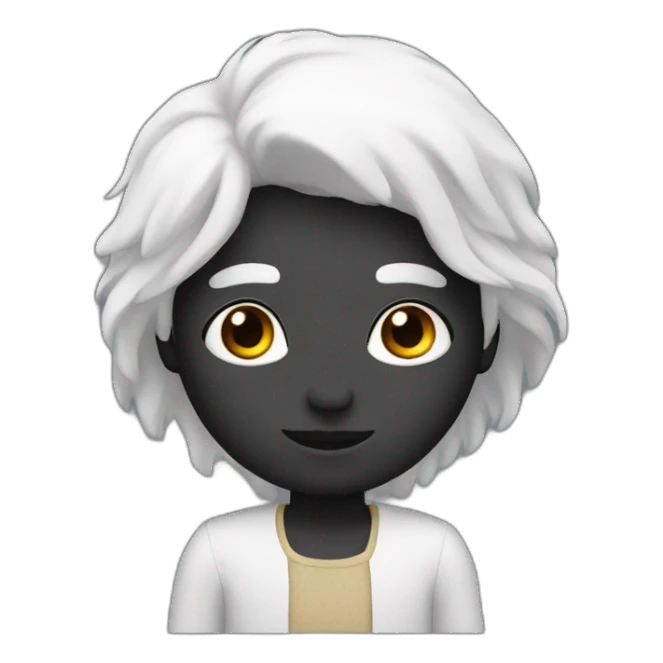 human with black skin and round face with small eyes and long white hair sticker