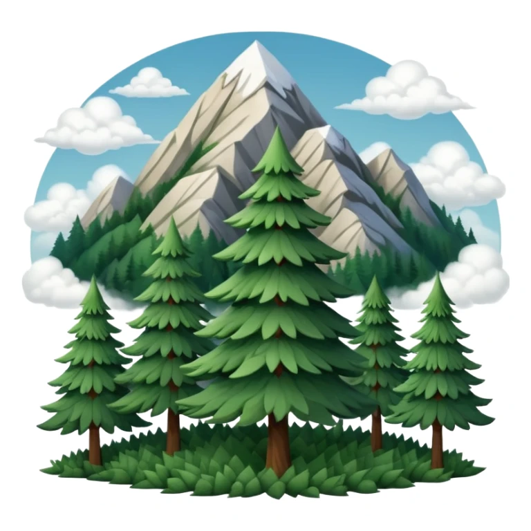 simple single evergreen tree with clouds and mountain in Slavic folk style, dark neutral forest colors, favicon or emoji style sticker