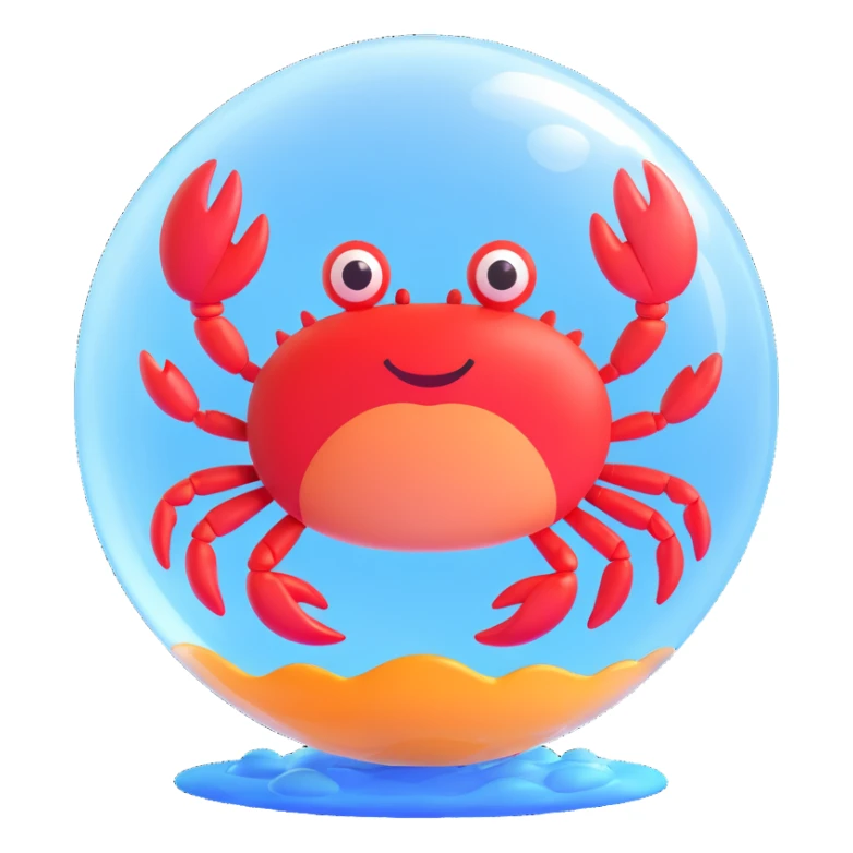 happy crab floating inside a transparent bubble, playful and cute, clear background sticker
