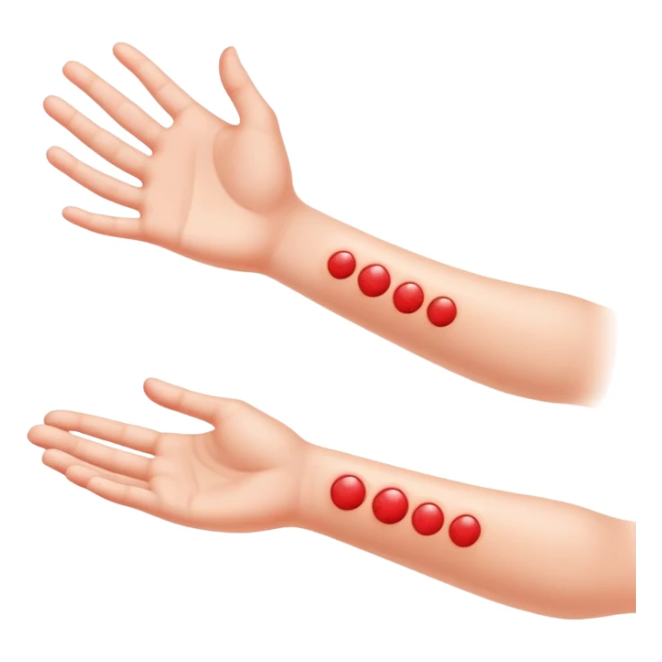 Allergy skin prick test on forearm with small red bumps showing reactions to different allergens, with 5 fingers of the hand visible sticker