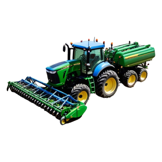 Bourgault 3420 Paralink Hoe Drill (2022) – Cinematic-realistic John Deere 6155M tractor hauling a Bourgault 3420 Paralink Hoe Drill, its powerful green frame pulling the vast blue seeder across endless fields. The machine plants seeds with pinpoint accuracy, leaving precise rows in the rich brown soil,  sticker