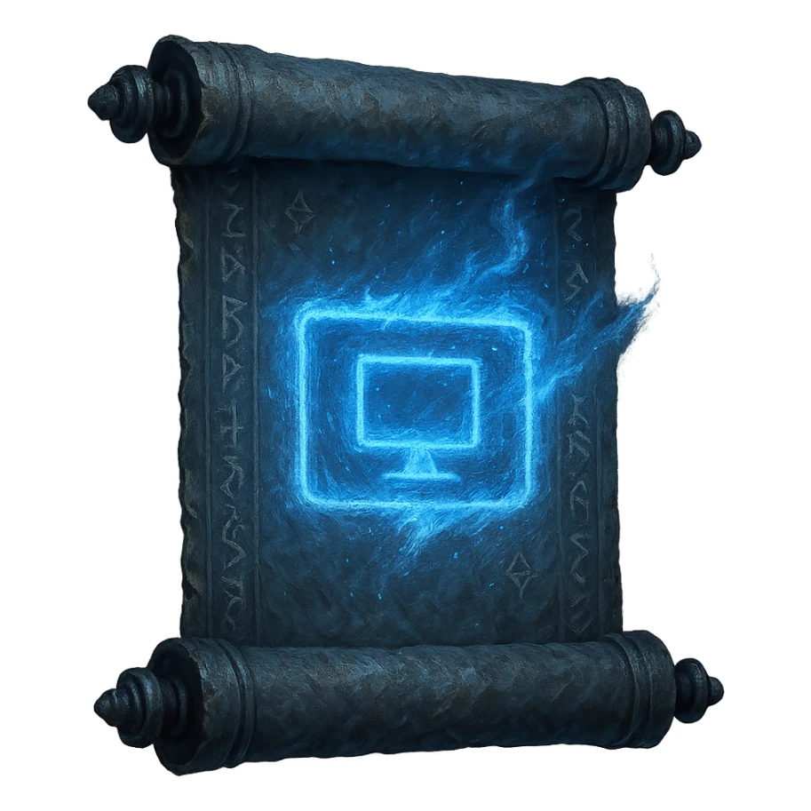 Windows 11 'My PC' icon reimagined as a glintstone sorcery scroll from Elden Ring. The scroll is blue-gray, weathered, and ornate, with arcane runes and a glowing blue magical effect in the shape of a computer monitor or screen, echoing the original icon. Mystical, ancient, and magical, with a transparent background. sticker