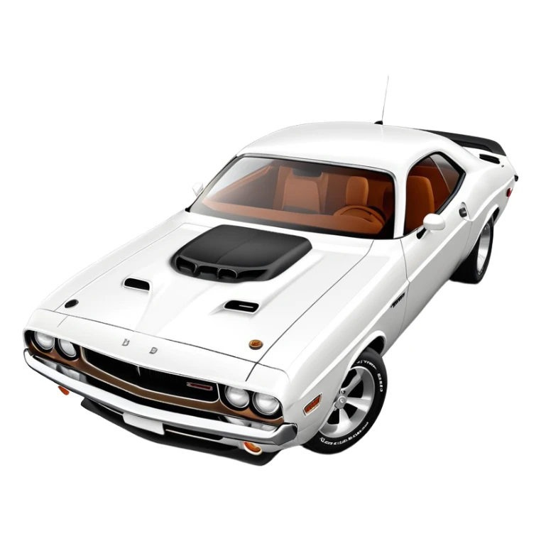 Anatomically correct white 1971 Dodge Challenger muscle car, proper 30-degree angle view, maintaining authentic proportions and structure, highly detailed but minimalist, pure white exterior, iOS emoji style sticker