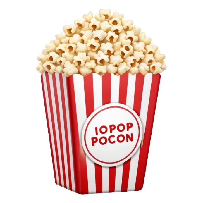 extremely minimalist popcorn in red and white vertically striped box, absolute minimum details, no text, no labels, pure iOS emoji style with glossy finish sticker