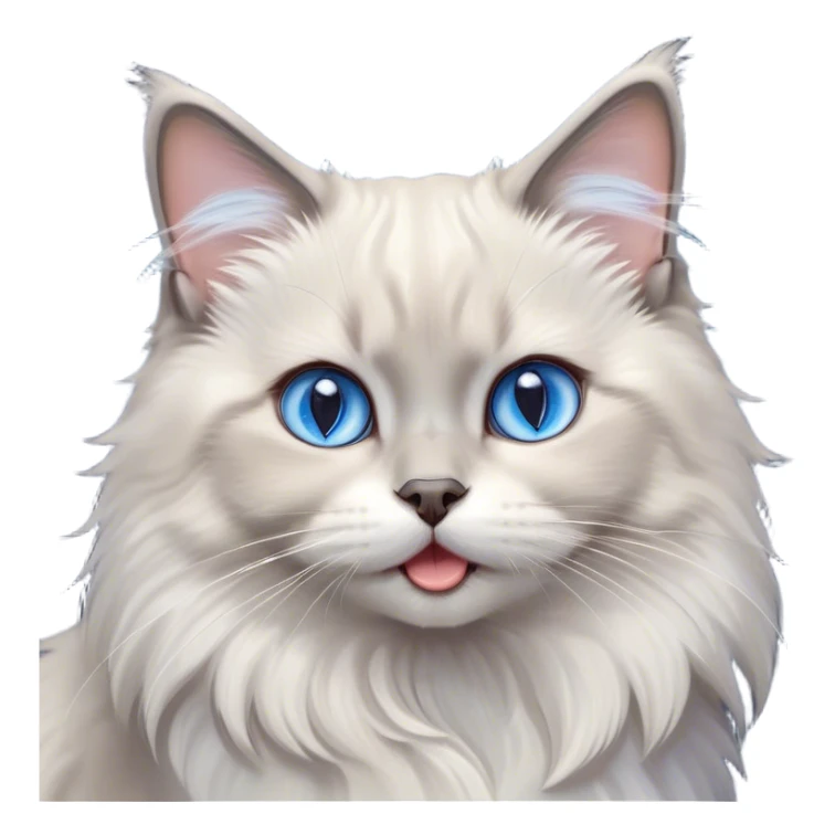 Cinematic Adorable Fluffy Light Grey Mantle Ragdoll Cat Portrait Emoji, Head tilted cutely with big, sparkling blue eyes, soft light grey fur with darker points on the ears, face, and paws, Simplified yet irresistibly adorable features, highly detailed, glowing with a soft, warm glow, high shine, yawning in a peaceful and playful manner, stylized with a touch of whimsy, bright and endearing, soft glowing outline, capturing the essence of a relaxed and loving kitten, so cute it feels like it could leap out of the screen and stretch into a cozy nap! sticker