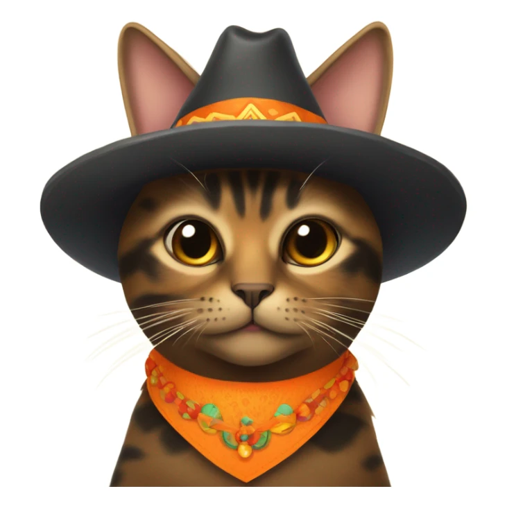 A tortoiseshell colored cat with an orange collar and sombrero sticker