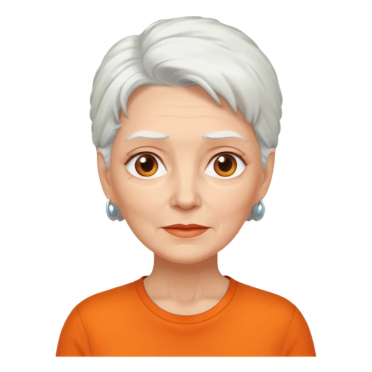 older white woman with white hair and orange shirt sticker