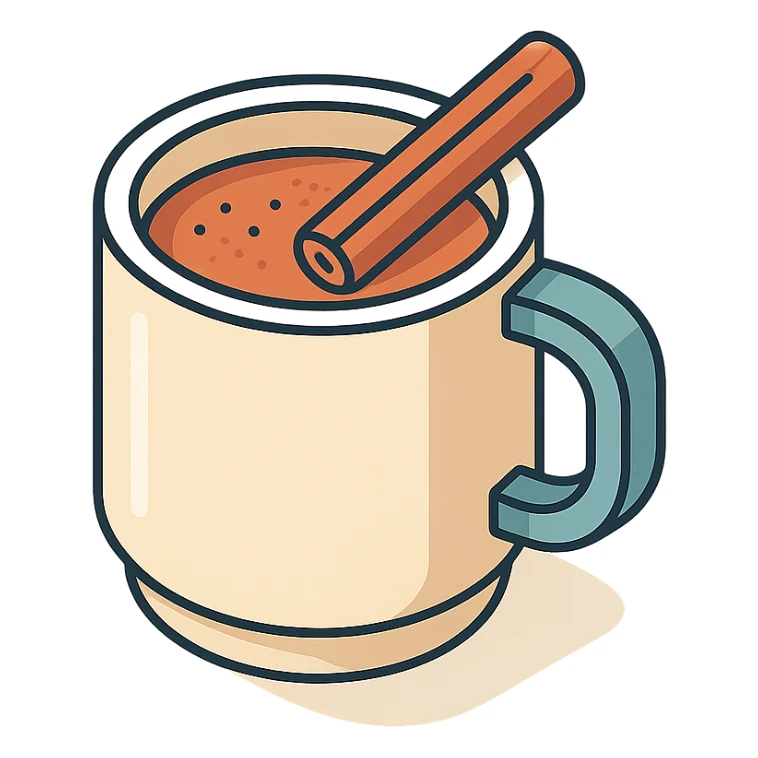 coffee mug with cinnamon, isometric view, 2D isometric style, detailed drawing, detailed shadows and highlights, clean contours, soft lighting, transparent background sticker