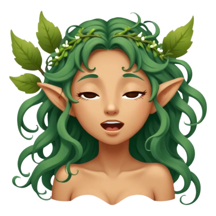 Cinematic Realistic Forest Nymph Fairy Portrait, head tilted slightly with a dramatic, wide-open yawn, revealing a tender, relaxed visage with finely detailed tanned skin and flowing, vine-adorned hair gently framing her face. Her sleepy eyes exude a serene, dreamlike quality as soft natural sunlight filters through the canopy, capturing the essence of a drowsy yet captivating forest nymph drifting into peaceful slumber. sticker