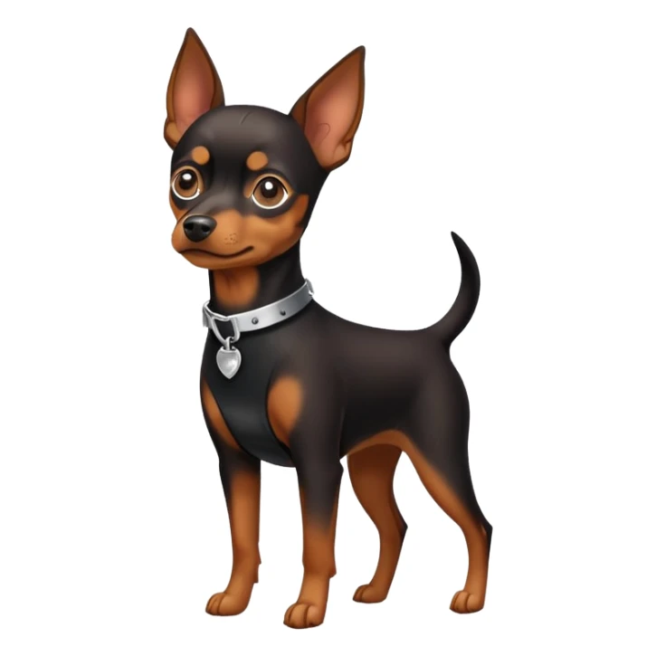 Full body photo of Pinscher dog with collar sticker