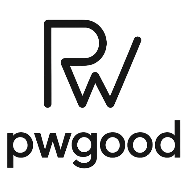 minimalist logo for 'pwgood' featuring an abstract symbol with clean lines, black and white color scheme sticker