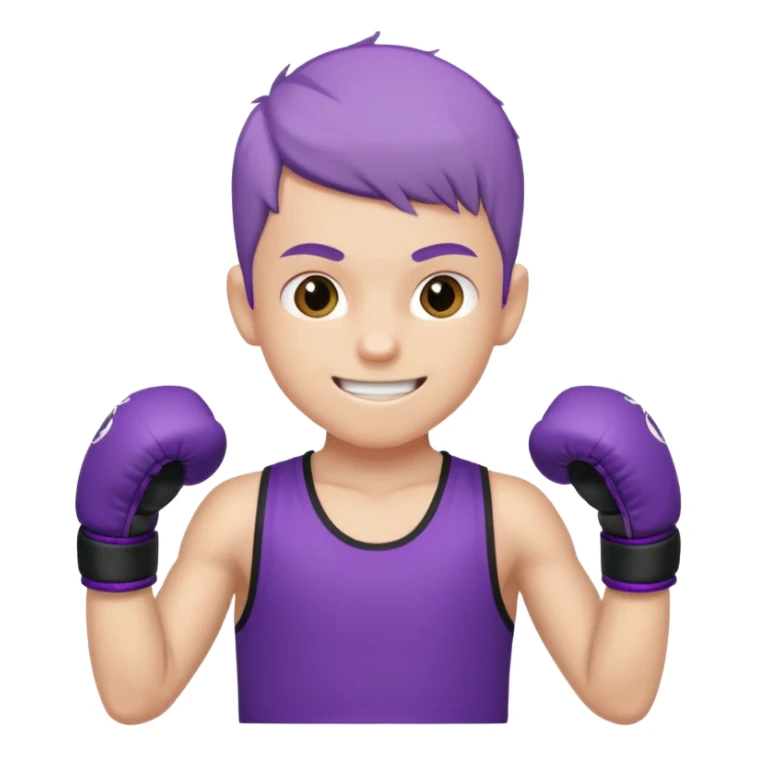 now make a boy whose white smiling in purple kickboxing full shirt with Fighting HARD on the shirt sticker