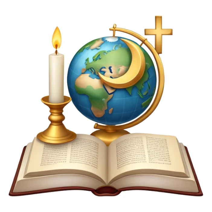 An icon featuring a holy book, a candle, and a cross, symbolizing religious studies. The design includes a globe with various religious symbols: a crescent moon and star (Islam), a lotus flower (Buddhism), representing global belief systems. Transparent background. sticker