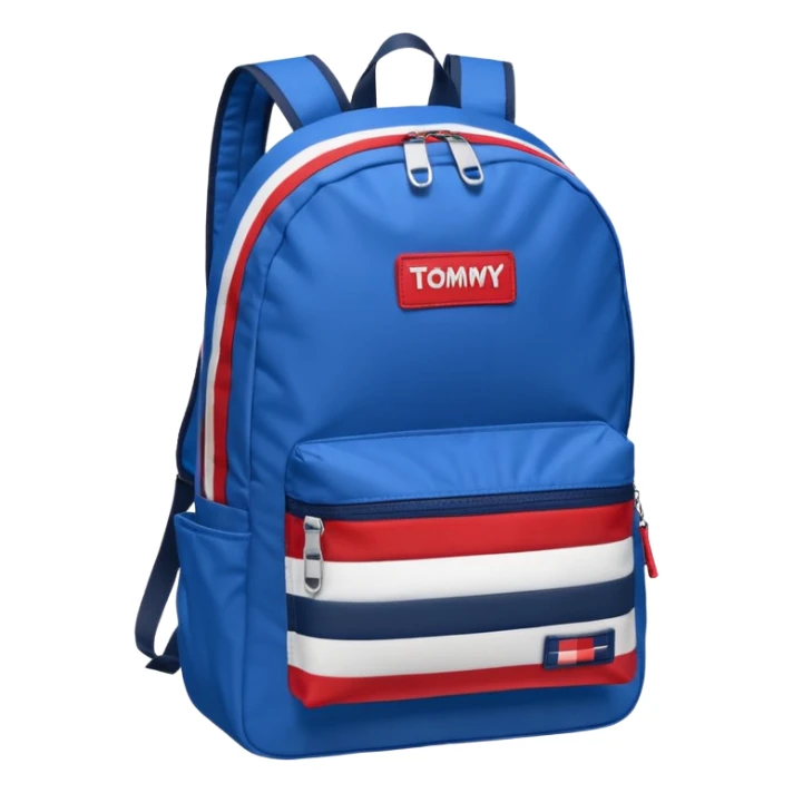 simple blue backpack, at the bottom pocket there is a  logo featuring a Tommy Jeans-inspired logo. The logo looks like a vertical one red, one white. The flag are vertical, not horizontal. Flat

 sticker