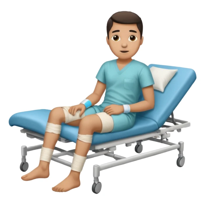 Hispanic young man with a broken leg, showing bandages, in a hospital sticker