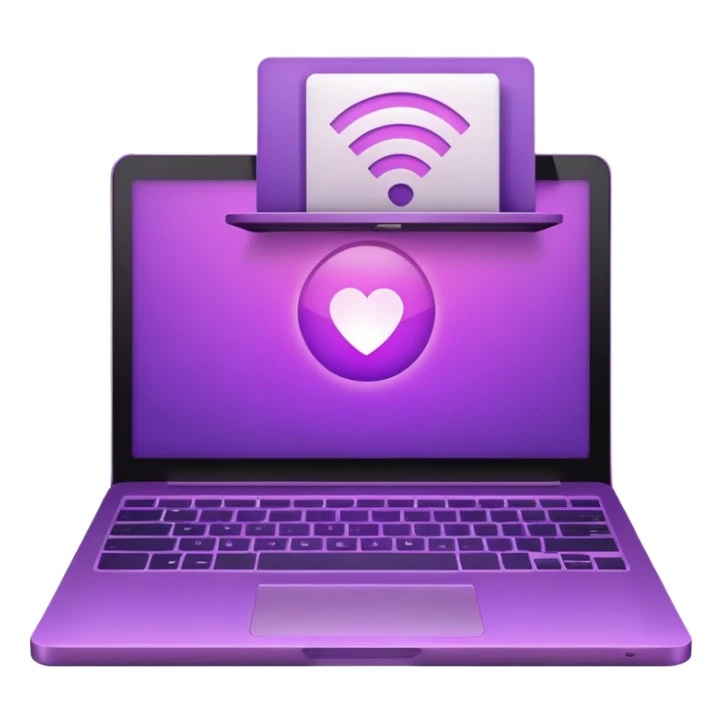 Minimal purple icon: a glowing laptop with a book icon on its screen and a Wi-Fi signal above. Flat style, gradient. sticker