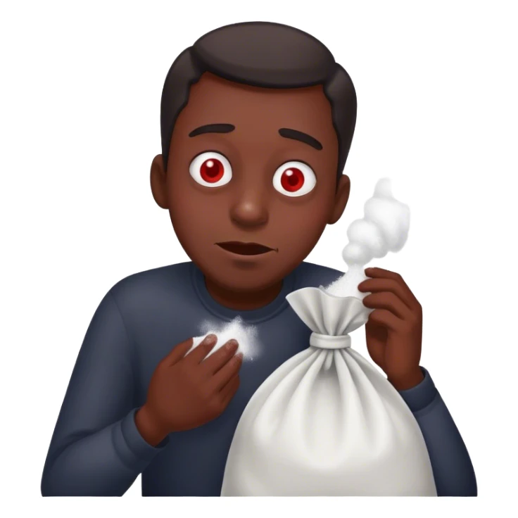 A goofy man with red eyes snorting a large bag of white powder  sticker