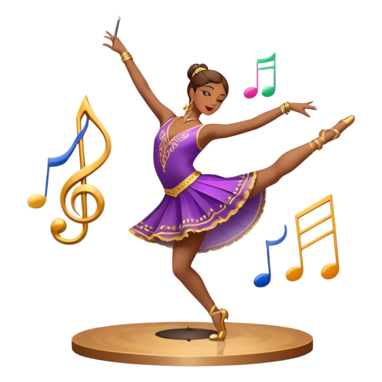 Icon for Choreography: a dancer in a graceful pose with musical notes, a director’s baton, a metronome and a dance floor. The icon should represent the art of choreography, with focus on movement, timing, and creativity. Transparent background. sticker
