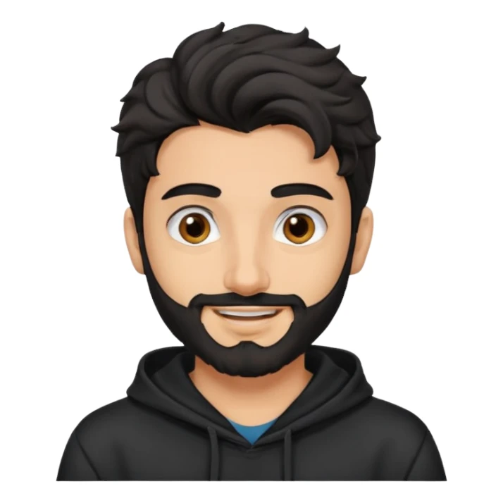 young fair skin pakistani guy smiling with black beard, wavy hair pushed back and brown eyes and big eyebrows, wearing black hoodie sticker