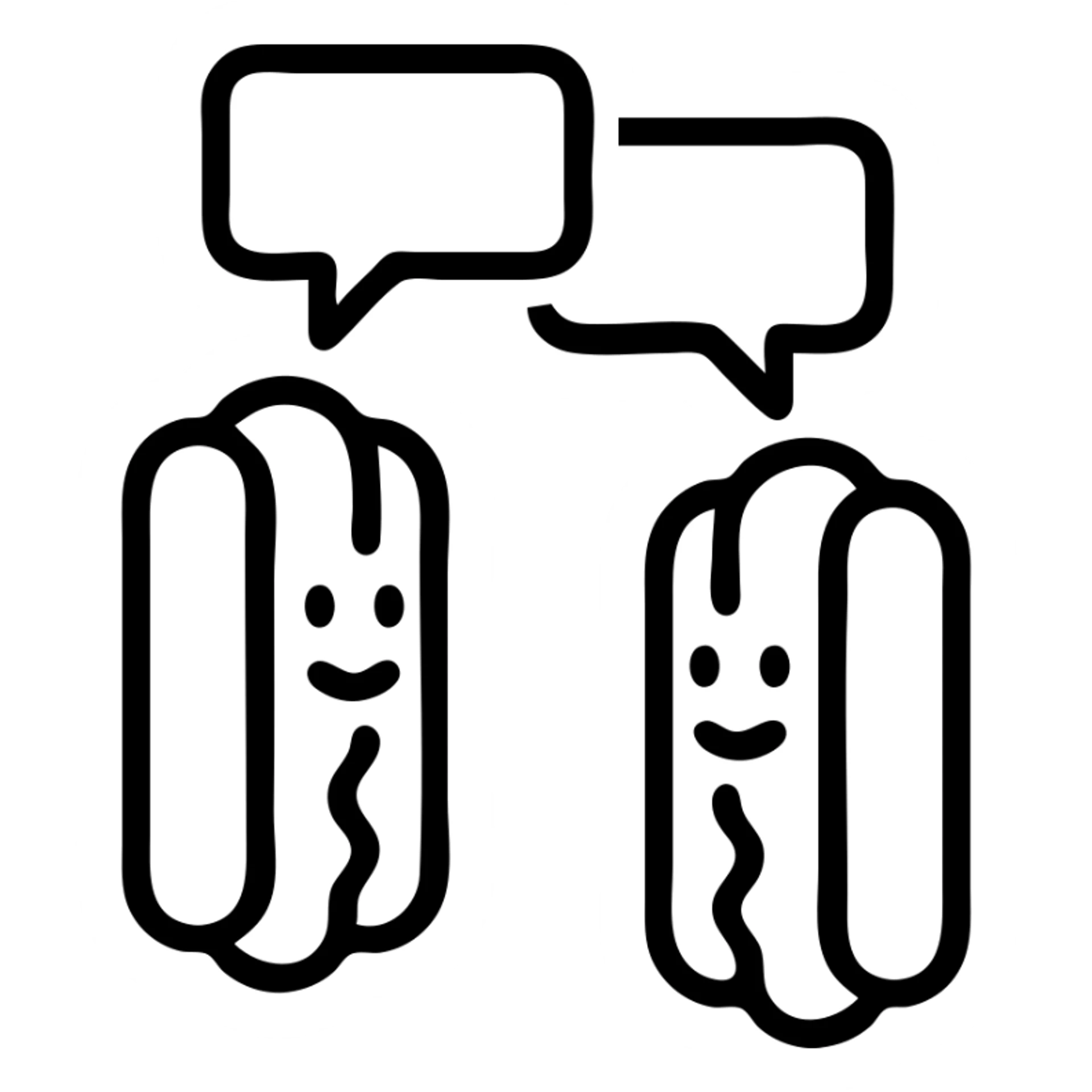 two hotdogs talking to each other, each with a speech bubble, outlined cartoon style, simple and bold sticker