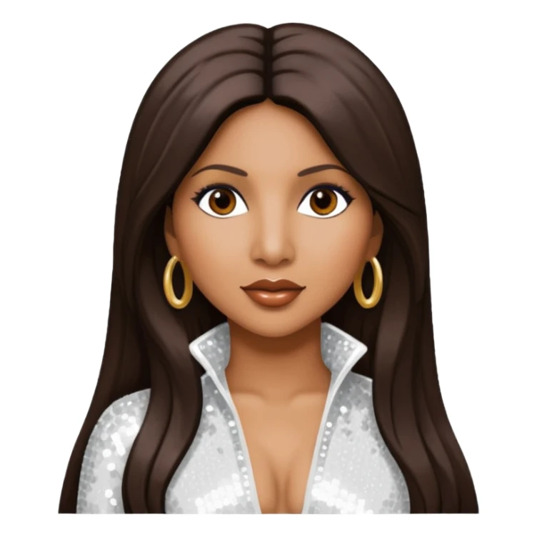 Toni Braxton with long dark brown hair, white sequin outfit sticker