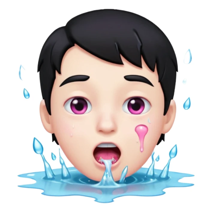 Boy with black hair, pink eyes rolled back, mouth open , water dripping from chin sticker