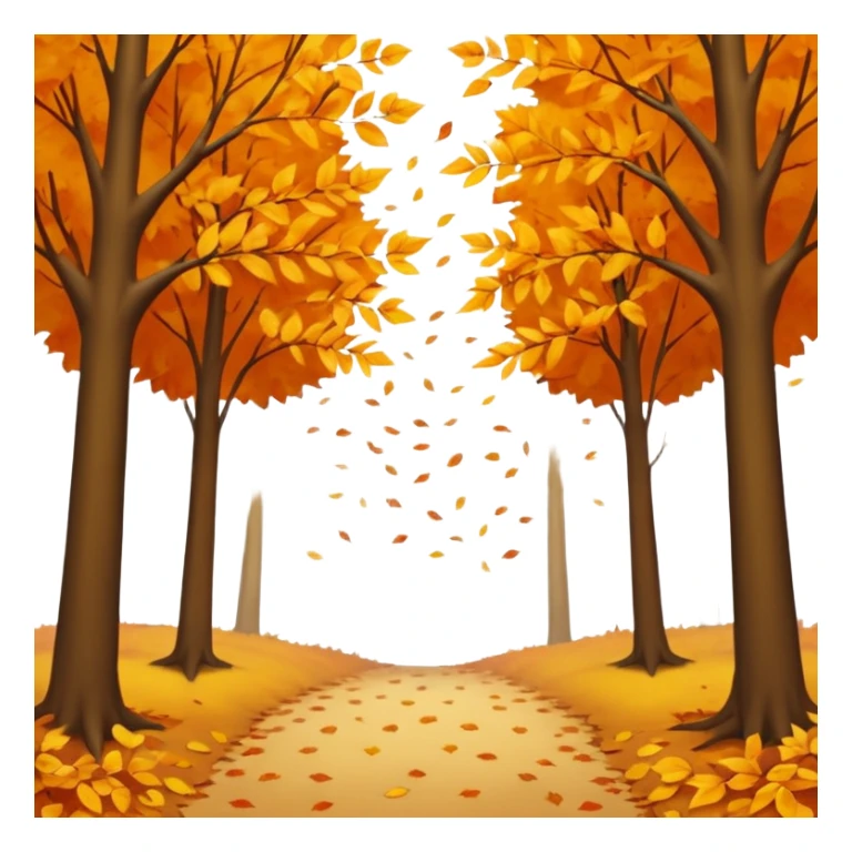 A peaceful autumn scene with golden and orange leaves gently falling from tall trees, soft sunlight filtering through the branches, leaves covering the ground, a gentle breeze in the air, cinematic atmosphere, warm color tones, 4K, ultra detailed, hyperrealistic, dreamy fall season landscape sticker