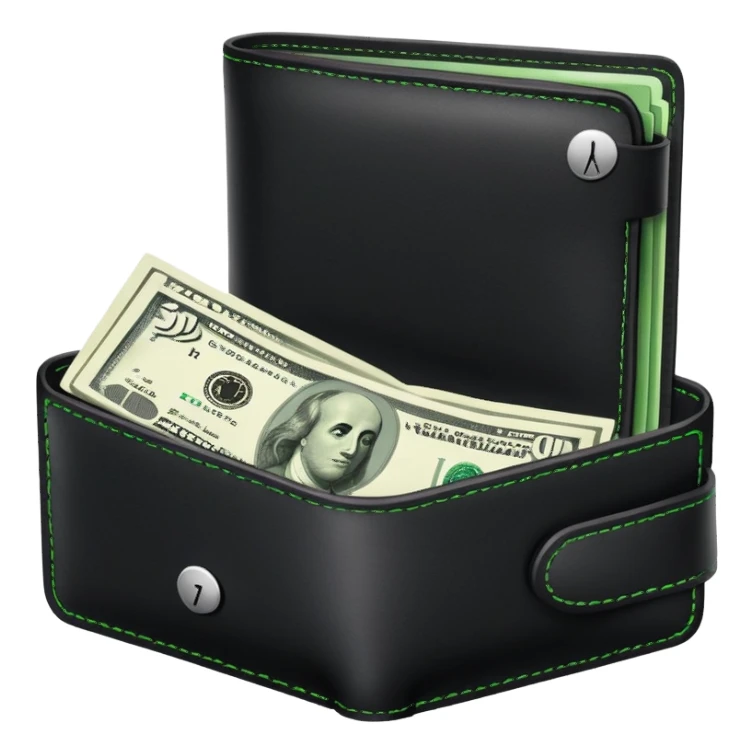 black wallet with green dollar bills visible inside and a small clock in top right corner positioned over the wallet sticker