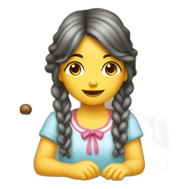 Niña cabellos largos ondulados morocha con las manos en el mentón y codos apoyados en una mesa con cara de pensativa  sticker