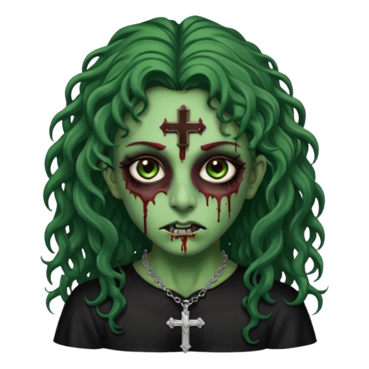 Zumbi verde com olhos castanhos aspecto de que tá sangrando, com cabelo castanho cacheado longo um piercing do lado esquerdo do nariz, roupa preta e crucifixo como colar, e também delineador  sticker
