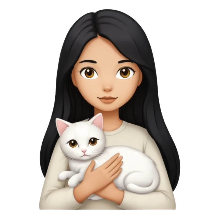 A girl with long black hair holding a white cat sticker