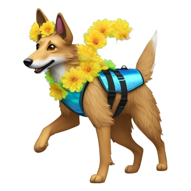  brindle fluffy lurcher Alsatian fox running blue eyes fluffy ears and iridescent holographic oilslick harness wearing paper flower crown yellow caution tape neon sign sticker