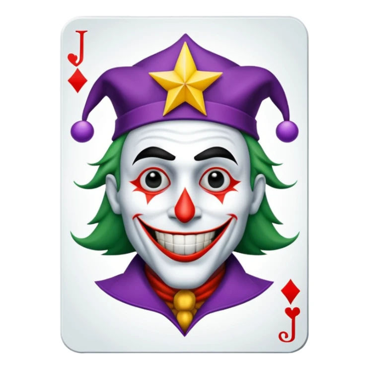 1 poker card, squared, with crazy colorful human jolly joker inside, star symbol with a "J" sticker