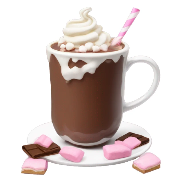 Hot chocolat with a pink cup with marsmellows and wipped cream sticker