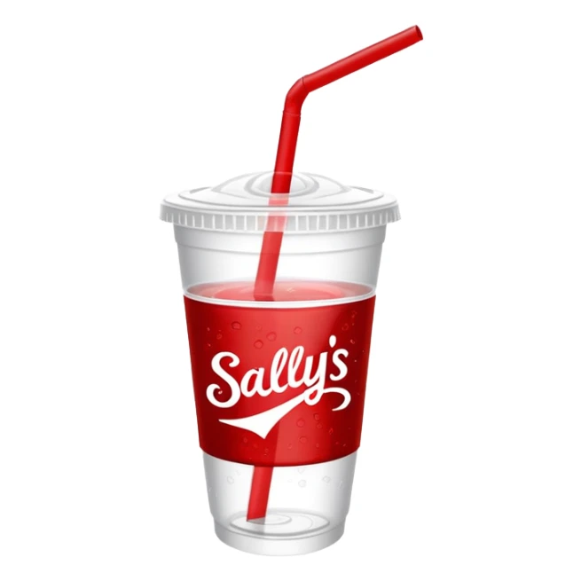 White take out Soda cup with the word “Sally’s” printed on it in red sticker