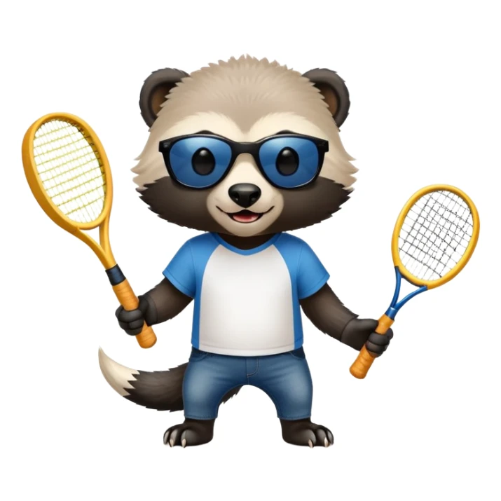 mischievous anthropomorphised honey badger in jeans and a t-shirt, wearing sunglasses, holding a tennis racket sticker