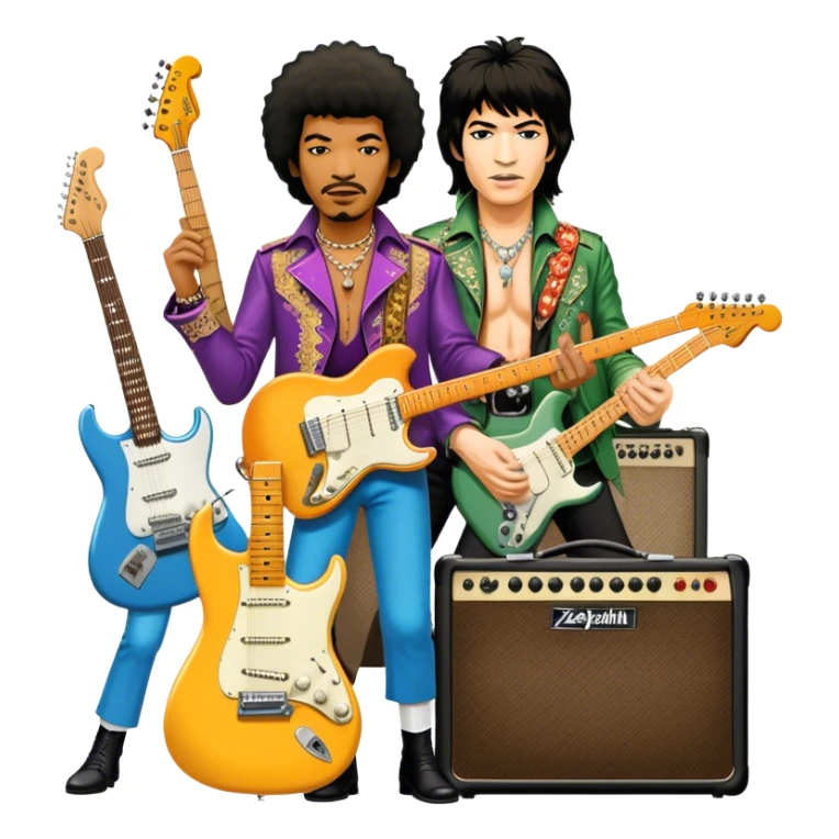 Rock music icon: powerful stage with electric guitars, drums, and amplifiers. Collage of rock icons—Jimi Hendrix, Led Zeppelin, Nirvana, and The Rolling Stones—symbolizing the energy and rebellion of rock. Transparent background. sticker
