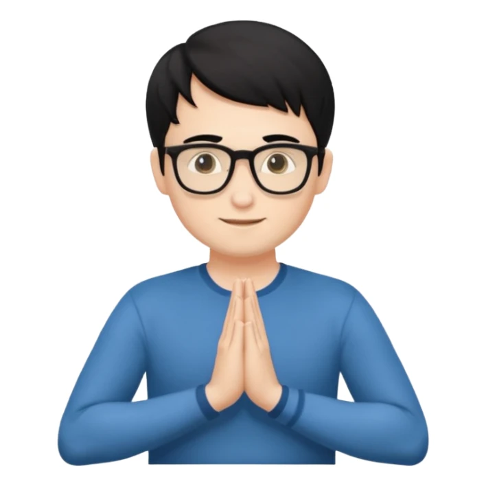 A white Man with black hair doing namaste with wearing specs sticker