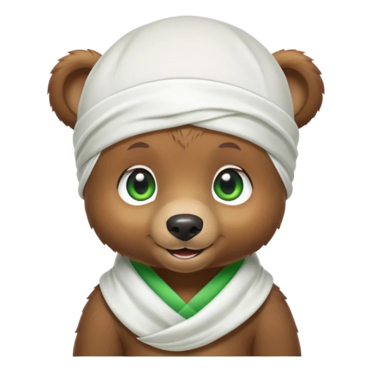 Playful brown bear cub in a white silk durag with a slight smile and bright green eyes, iOS emoji style sticker