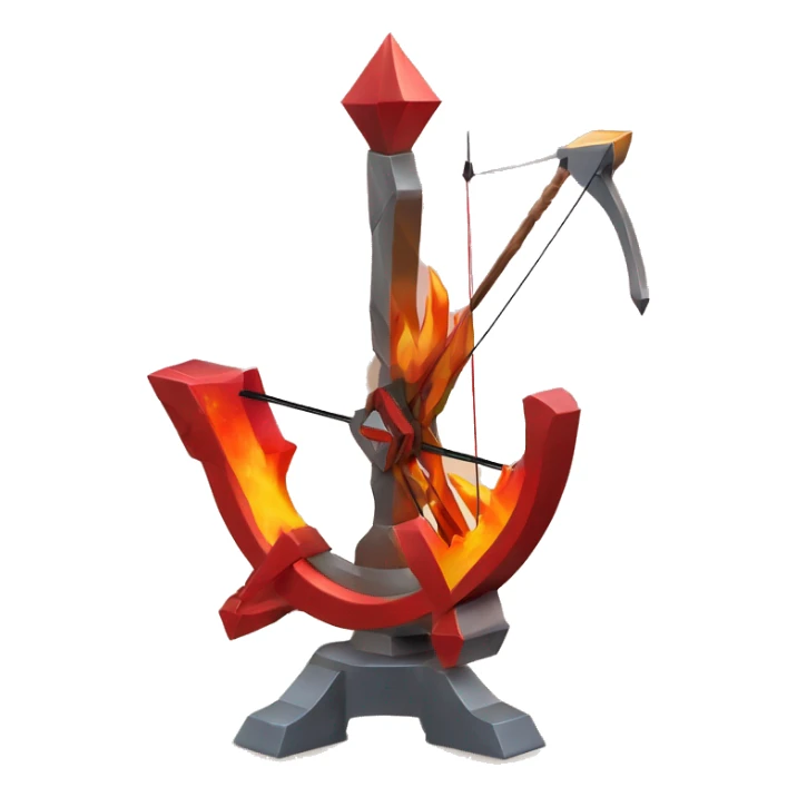 Accurate crossbow sculpture symbolizing Sagittarius with a geometric, faceted design. The symbol is standing upright with angular and disney features. The vibrant red flame colors highlights the sharp edges and planes. sticker