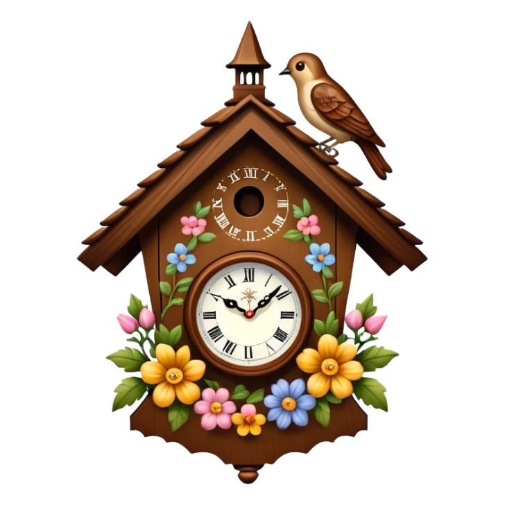 realistic detailed vintage cuckoo clock with flowers sticker