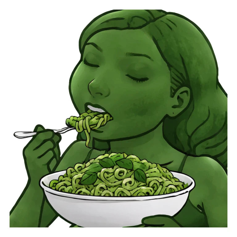 Brown haired girl eating green pasta asleep sticker