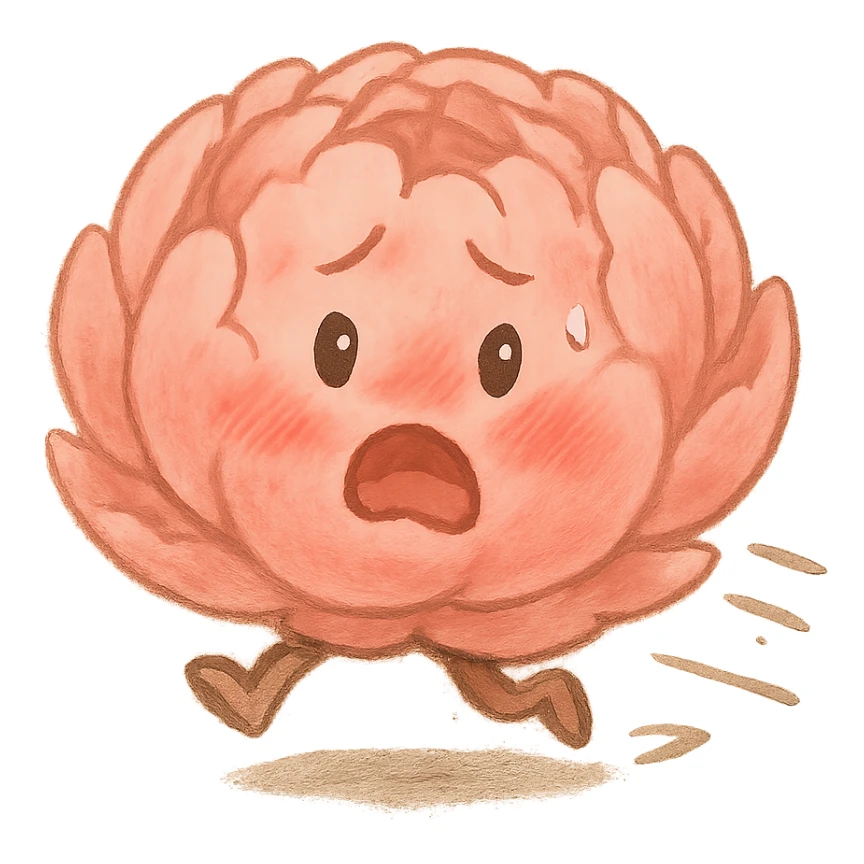 round chibi pastel pink peony flower with blushing cheeks and a panicked expression, rushing with tiny legs, soft ghibli style sticker