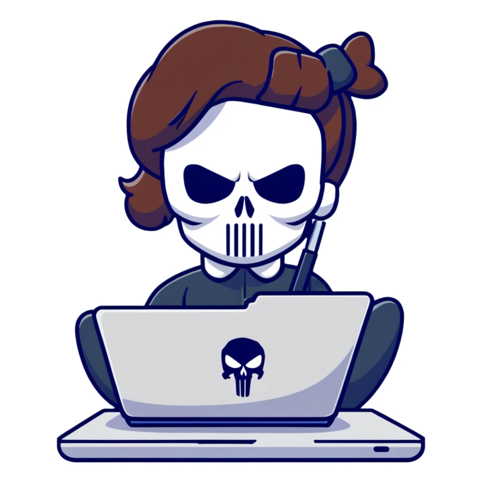 girl Punisher skull with bow typing on laptop sticker