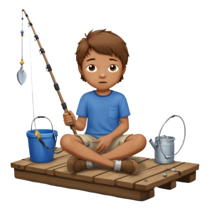 Little boy sitting on the dock fishing, felt texture, scrapbooking sticker