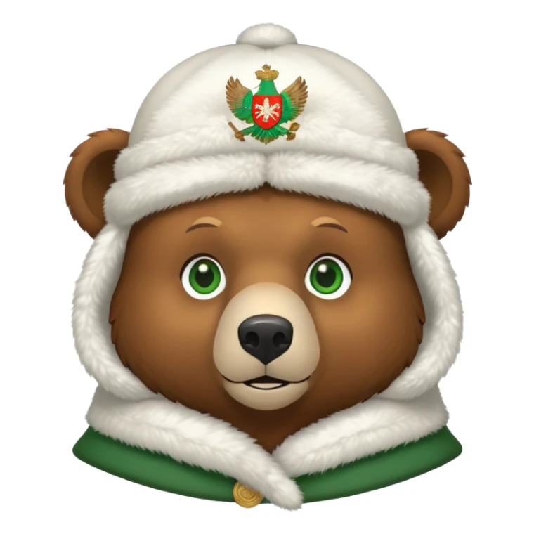 Minimalist cute brown bear head with green eyes, wearing white ushanka hat with simplified Russian double-headed eagle coat of arms, iOS emoji style sticker