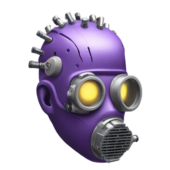Purple mohawk cyborg head with grey respirator mask and circuits sticker